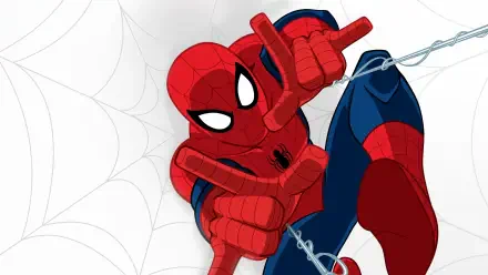 Ultimate Spider-Man (TV show) in a dynamic 4K Ultra HD PC desktop wallpaper, web-slinging toward the viewer against a pale webbed background.