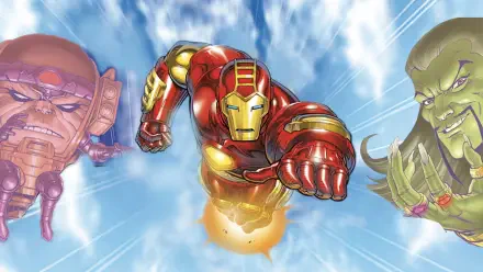 Iron Man (TV Show) in armor blasts forward through clouds with a glowing repulsor, flanked by two looming alien faces — 4K Ultra HD PC desktop wallpaper background.