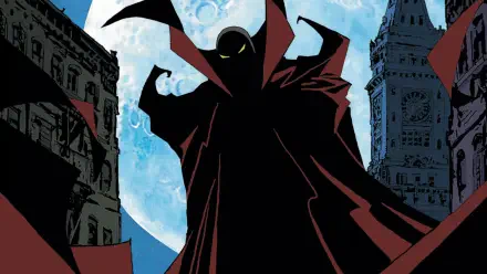 Spawn (TV Show) 4K Ultra HD PC wallpaper: shadowed Spawn with glowing eyes and flowing red cape silhouetted against a full moon and Gothic city skyline.