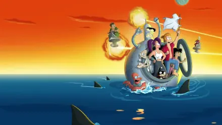 Futurama 4K Ultra HD PC wallpaper/background: Planet Express crew in their ship skimming the ocean at sunset, sharks circling beneath a vivid orange sky.