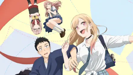 My Dress-Up Darling anime 4K Ultra HD PC desktop wallpaper: three characters — a smiling blonde girl, a surprised young man, and a small girl — playfully posing beneath a colorful parasol.