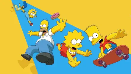 The Simpsons: Homer, Lisa, Bart and Maggie tumbling across a blue diagonal on a yellow field — colorful 4K Ultra HD PC desktop wallpaper and background.