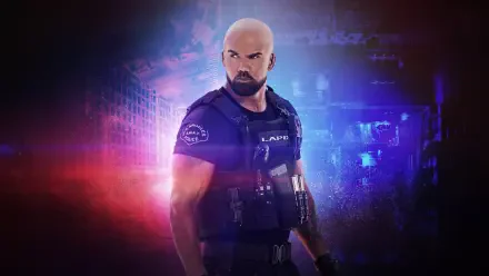 S.W.A.T. (TV Show) 4K Ultra HD PC wallpaper: bald SWAT officer in tactical LAPD vest stands against a moody neon-blue and red urban backdrop.