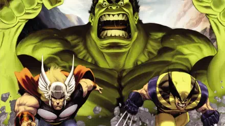 HD PC desktop wallpaper: comic-style showdown with the Hulk roaring center as Thor and Wolverine charge forward amid rubble.