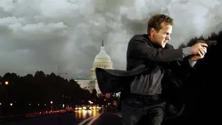 Man in dark suit aiming a handgun in front of the U.S. Capitol at night, storm clouds and wet streets illuminated by city lights — 24, 4K Ultra HD PC Desktop Wallpaper and Background.