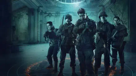 Ghost of War 4K Ultra HD PC desktop wallpaper: five ghostly soldiers in tactical gear stand in a ruined, teal-lit hall, weapons ready.