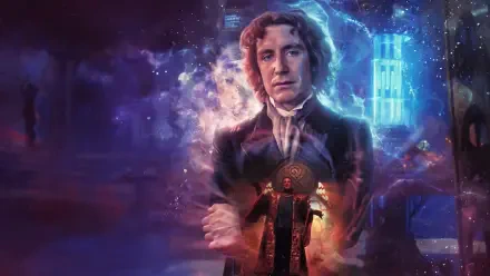 HD PC desktop wallpaper for Doctor Who: The Movie — a solemn Doctor in period coat stands before a glowing TARDIS, framed by a blue-purple cosmic vortex and distant city lights.