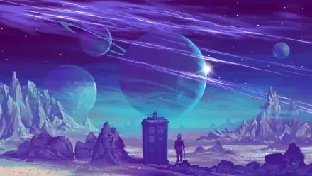 Doctor Who (2005) 4K Ultra HD PC desktop wallpaper: TARDIS and solitary figure on a purple alien shoreline beneath ringed planets and streaking auroras.