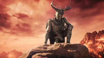 Rebel Moon - Part Two: The Scargiver HD PC desktop wallpaper: horned warrior in armor kneels on a rocky outcrop beneath a blood-red sky.