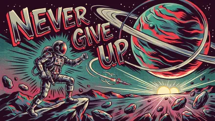 4K Ultra HD PC desktop wallpaper: stylized astronaut on a rocky alien landscape reaching toward a vibrant ringed planet as NEVER GIVE UP arcs across a dramatic space sunrise.
