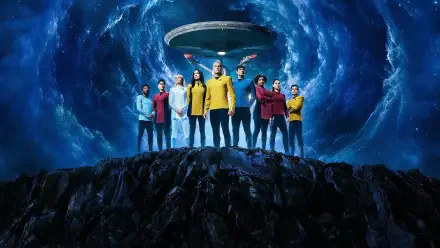 Star Trek: Strange New Worlds 4K Ultra HD PC desktop wallpaper — the Enterprise crew in classic uniforms stand on a rocky ledge beneath their starship and a swirling blue cosmic vortex.