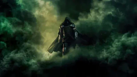 Avengers: Doomsday — hooded, armored figure emerging through swirling green clouds; 4K Ultra HD PC desktop wallpaper and background.