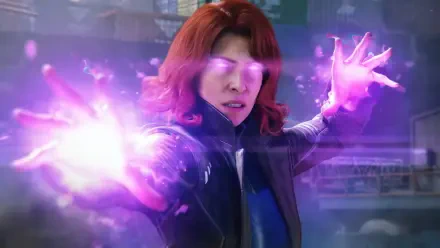 4K Ultra HD PC desktop wallpaper of a red-haired X‑Men telepath unleashing vivid purple psychic energy from her eyes and hands — Marvel's Wolverine / X-Men artwork.