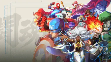 Marvel Tokon: Fighting Souls 4K Ultra HD PC wallpaper: vibrant team of superheroes in dynamic poses — shield-bearing leader, armored flyer, web-slinger and energy-wielding fighters.