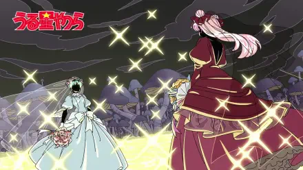 HD PC desktop wallpaper from Urusei Yatsura (2022) anime featuring Lum and Carla — Carla in a crimson gown with pink hair, Lum in a pale bridal dress amid glowing golden sparks and dark swirling clouds.