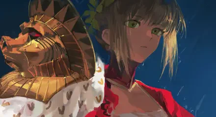 4K anime desktop wallpaper of Nero Claudius (Fate/Extra), close-up portrait in a red imperial robe with golden laurel and regal mask, dramatic lighting against a deep blue background.