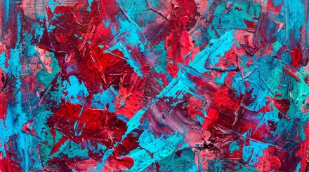 Abstract paint texture of bold red and turquoise impasto strokes — 5K Ultra HD PC desktop wallpaper and background.
