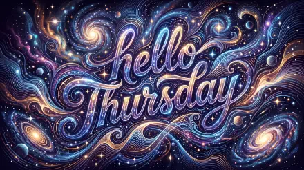 Ornate cosmic lettering reads hello Thursday amid swirling galaxies and stars, flowing typography and lettering details — 5K Ultra HD greeting PC desktop wallpaper