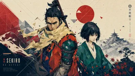 4K Ultra HD PC wallpaper of Sekiro: No Defeat — stylized samurai and ninja side by side, geometric art, red sun and distant pagoda, moody video game background.