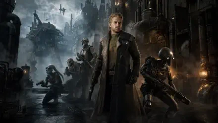 Star Wars: Zero Company video game 4K Ultra HD PC wallpaper of a lone man in a trench coat leading armed troopers through a rain-slick industrial city as starfighters patrol above.