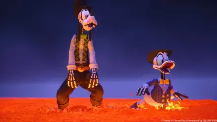 4K Ultra HD PC desktop wallpaper: Goofy and Donald Duck from the video game Kingdom Hearts IV (Kingdom Hearts) sitting on a glowing red plain under a deep blue sky.