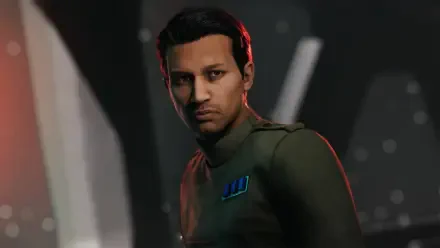 HD PC desktop wallpaper from the video game Star Wars: Zero Company — Bennic Halloren, a stern Imperial officer in uniform set against a dark starship interior.