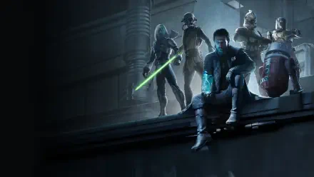 4K Ultra HD PC desktop wallpaper from the video game Star Wars: Zero Company — sci-fi scene of a squad with a green lightsaber, seated merc and droid on a dim industrial ledge.