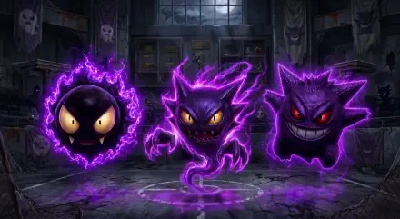 2K Quad HD PC Pokémon wallpaper showing Gastly, Haunter and Gengar in a ruined room, purple auras, glowing eyes and sinister grins conveying fear.