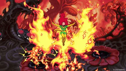 HD PC wallpaper of Phoenix (Marvel Comics): woman superhero rising in flaming, phoenix-shaped fire against a dark, cosmic MARVEL Cosmic Invasion video game background.