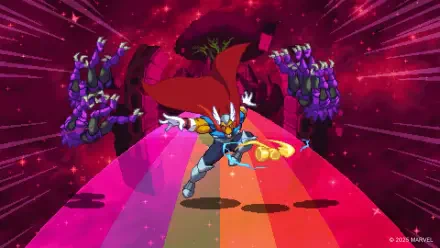 HD PC desktop wallpaper and background featuring Beta Ray Bill from the MARVEL Cosmic Invasion video game: armored superhero races down a rainbow lane toward shadowy foes in a starfield.