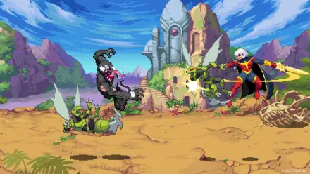 HD PC desktop wallpaper from the video game MARVEL Cosmic Invasion: Phyla-Vell fires energy blasts at alien warriors amid a colorful desert temple landscape.
