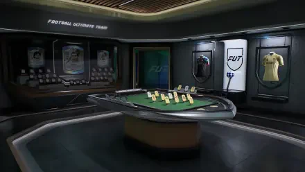 EA SPORTS FC 27 video game 4K Ultra HD PC desktop background: sleek FUT pack-reveal room with illuminated card table, player cards and soccer/football jerseys.