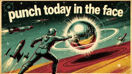 4K Ultra HD PC desktop wallpaper: retro astronaut in space punching a glowing planet with rockets streaking by and the bold caption punch today in the face.