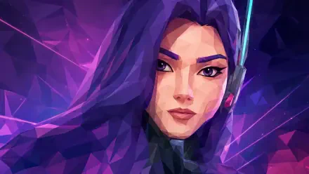 D.Mon stylized portrait of a woman with flowing purple hair and headset, neon geometric background — 4K Ultra HD PC desktop wallpaper.
