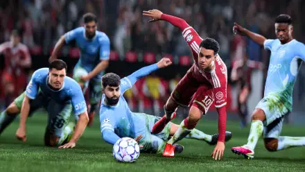 EA SPORTS FC 27 video game 4K Ultra HD PC wallpaper: red-shirted soccer player diving for the ball amid light-blue defenders in an intense football match.