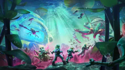 Grounded 2 underwater sci-fi 2K Quad HD PC wallpaper: tiny explorers in diving suits face glowing alien sea creatures and bioluminescent plants.
