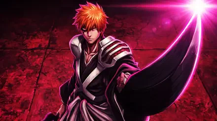 Ichigo Kurosaki from Bleach: Thousand-Year Blood War in a dramatic pose, glowing zanpakutō raised against a cracked red backdrop — 5K Ultra HD anime PC desktop wallpaper.
