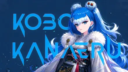 Anime hololive Kobo Kanaeru: blue-haired twin-tail Vtuber in an ornate kimono with white fur trim on a deep-blue backdrop with KOBO KANAERU text — 4K Ultra HD PC desktop wallpaper.