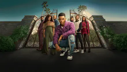 Bel-Air 4K Ultra HD PC desktop wallpaper/background: ensemble cast posed before ornate mansion gates at dusk, central figure crouching in a purple jacket with cinematic lighting.