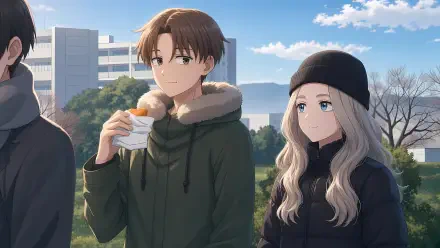 5K Ultra HD PC desktop wallpaper of Shuuji Taira and Shino Azuma from Seihantai na Kimi to Boku — Shuuji eating a bun, Shino in a beanie standing together in a park.