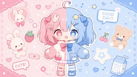 Cutecore 4K Ultra HD PC desktop wallpaper and background showing a split pink-and-blue chibi girl surrounded by bunnies, teddy, strawberries, stars and hearts.