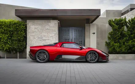 Side profile of a red McLaren McL 6GT sports car parked in front of a modern house; 8K Ultra HD PC desktop wallpaper/background.