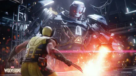 2K Quad HD PC desktop wallpaper: video game art of Marvel's Wolverine (X-Men) lunging with claws at a towering Sentinel amid sparks and fire in an industrial hangar.