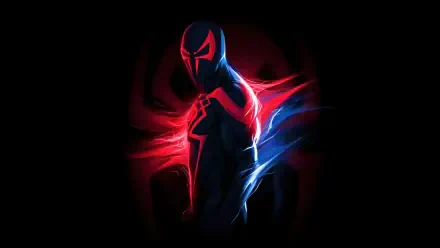 Digital art 4K Ultra HD PC desktop wallpaper of Spider-Man 2099: shadowed futuristic superhero with glowing red and blue energy trails swirling on a dark background.