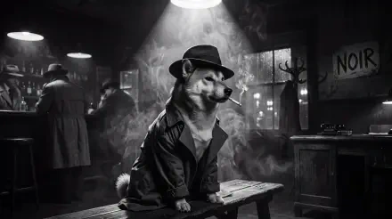 5K Ultra HD PC desktop wallpaper: noir black-and-white Shiba Inu in a fedora and trench coat, smoking at a dim bar.