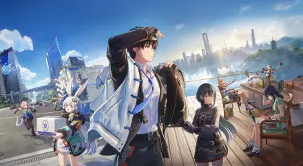 Anime video game 2K Quad HD PC wallpaper: Captain Ananta stands on a sunlit waterfront pier, gazing at a futuristic city skyline while crew members bustle nearby.