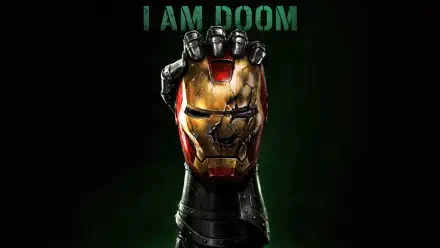 Doctor Doom's armored gauntlet clutches a cracked Iron Man helmet beneath the words I AM DOOM — Avengers: Doomsday, Marvel Comics 5K Ultra HD PC desktop wallpaper