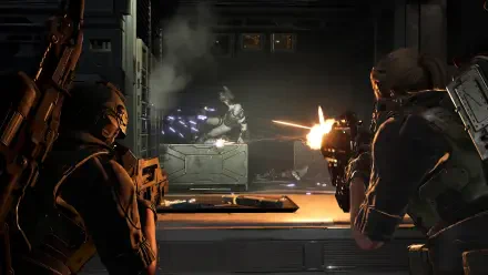 4K Ultra HD PC desktop wallpaper from video game Aliens: Fireteam Elite 2 — two armored soldiers shooting guns at an alien across a dim industrial corridor.