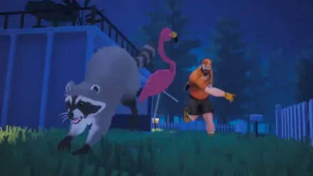 4K Ultra HD PC Desktop Wallpaper and Background from the video game Dumpster Gang: a raccoon sprints past a flamingo lawn ornament as a masked character pursues in a moonlit yard.