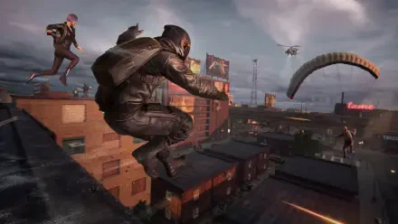 PlayerUnknown's Battlegrounds 2K Quad HD PC wallpaper: soldiers parachute into an urban rooftop drop zone beneath hovering helicopters.